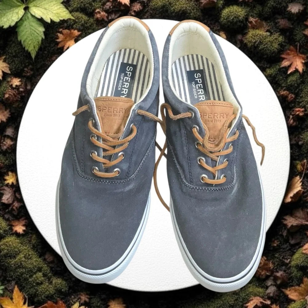 Sperry Top-Sider Dark Gray Blue Stripes II CVO Canvas & Leather Shoes Men Sz 12
